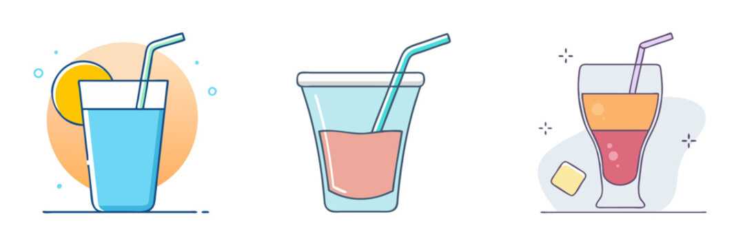 Illustration of three cartoon style refreshing summer beverages on a white background