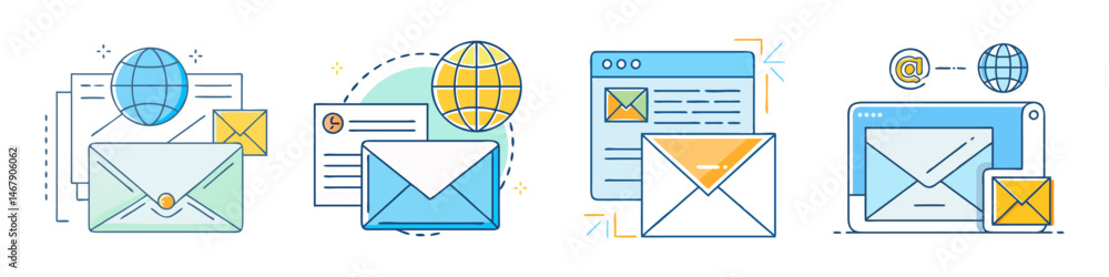 Poster four email design concepts emphasizing global communication and digital delivery