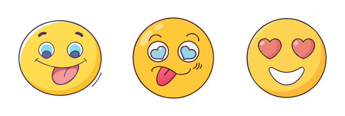 Three cartoon yellow smiley face emojis expressing love and playful happiness