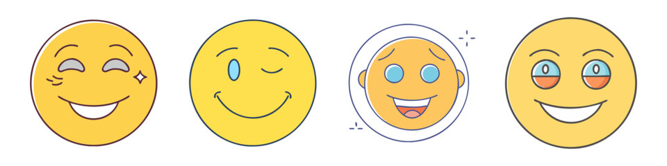 Fototapeta premium Four yellow circle emoji faces with unique expressions and emotional states