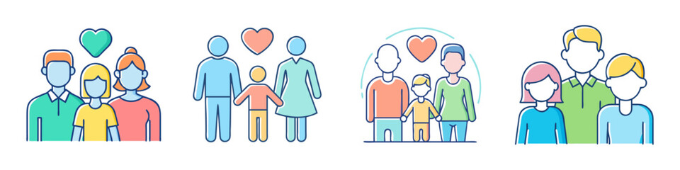 Diverse Family Representations in Modern Iconographic Style on a White Background
