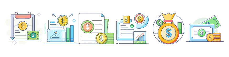 Financial Success and Growth Illustrated with Charts, Coins, and Money Bag