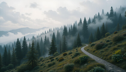 Misty Forest Path Serene Mountain Landscape