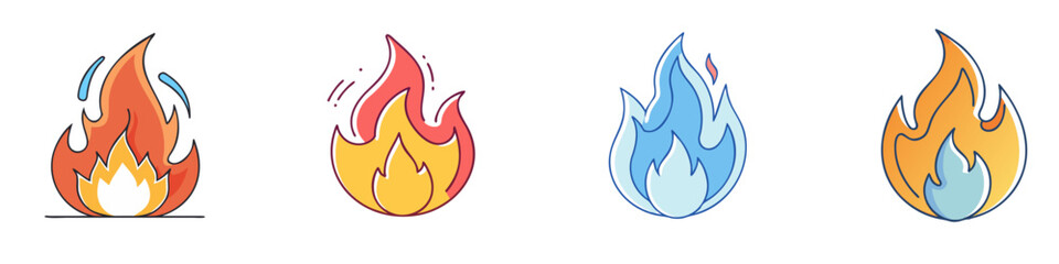 Various Cartoon Fire Flames in Orange, Red, and Blue Colors on White