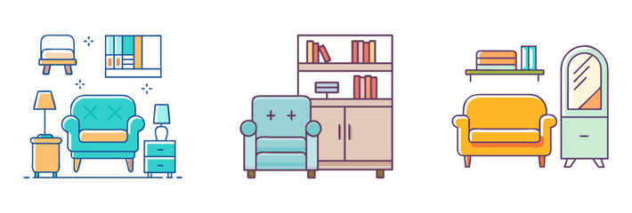 Stylized living room interior design illustration featuring three different room settings