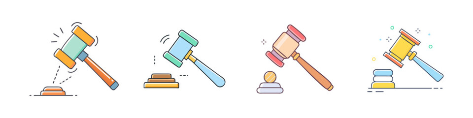 Stylized Gavel Illustrations Representing Justice and Legal Concepts in Various Color Themes