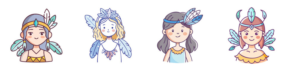 Cute cartoon Native American girls with feathers on white background illustration