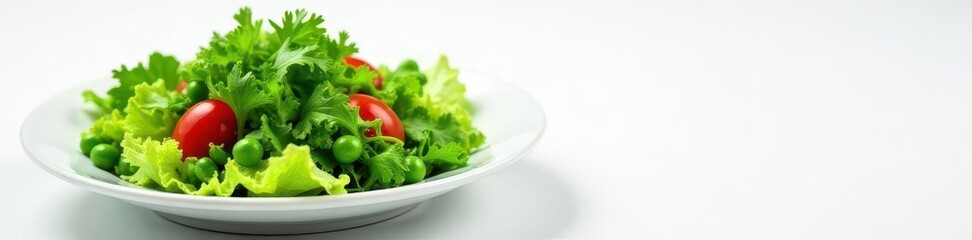 Crisp green salad with lettuce and pea shoots on pristine white , ingredient, detail, organic