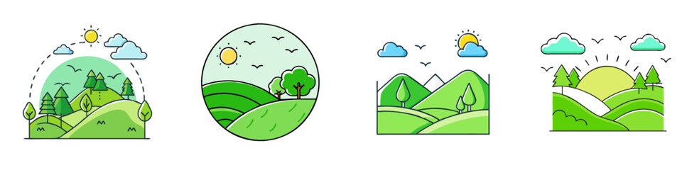 Fototapeta premium Four different scenic vector designs illustrating landscapes with trees and sun