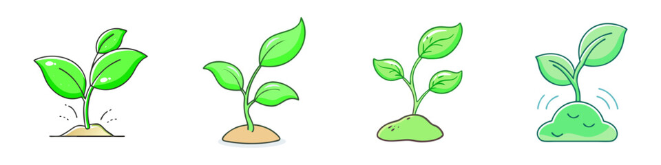 Cute Cartoon Growing Plants and Seedlings, Icons of Nature and Growth