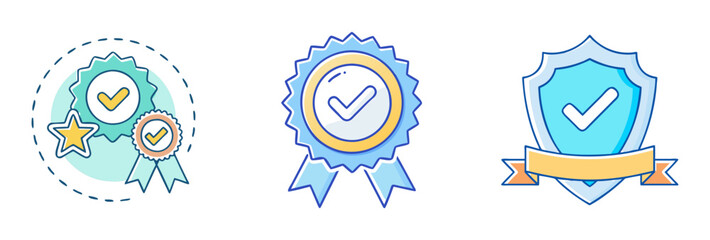 Illustration of achievement badge set, quality and satisfaction guarantee certificates design