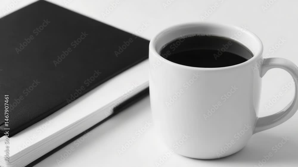 Poster a cup of coffee sits next to an open notebook