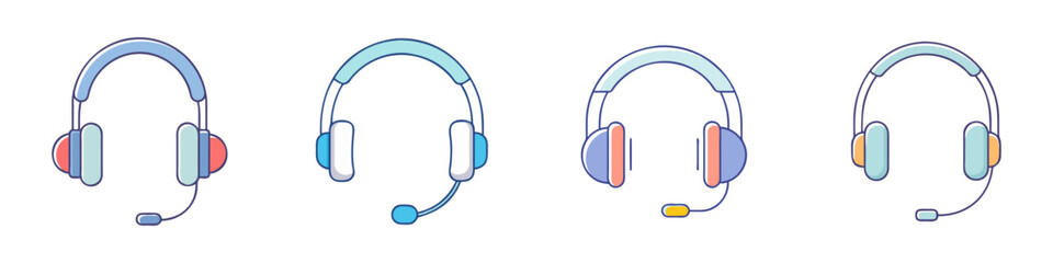 Four different call center headset designs and color variations in cartoon style