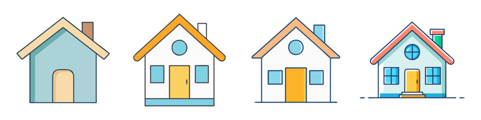 Four stylized houses with different colors and simple design elements isolated