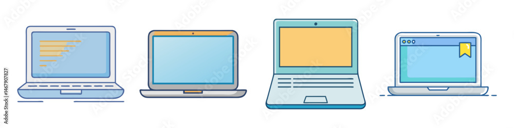 Poster four laptop computers in a row with different screen displays, various colors