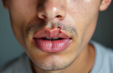 Fototapeta premium Close-up shot of young Asian man with angular cheilitis on lip. Inflammatory condition with ulcer, cracks, redness, dryness. Causes are deficiency of iron, zinc, B12, or trauma.