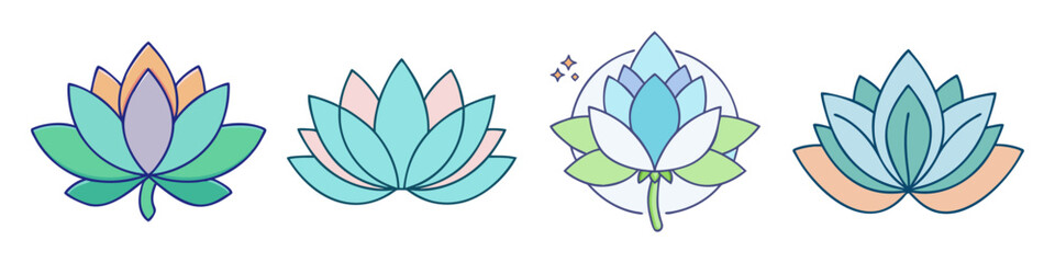 Variety of lotus flowers in artistic style, pastel colors, on white background