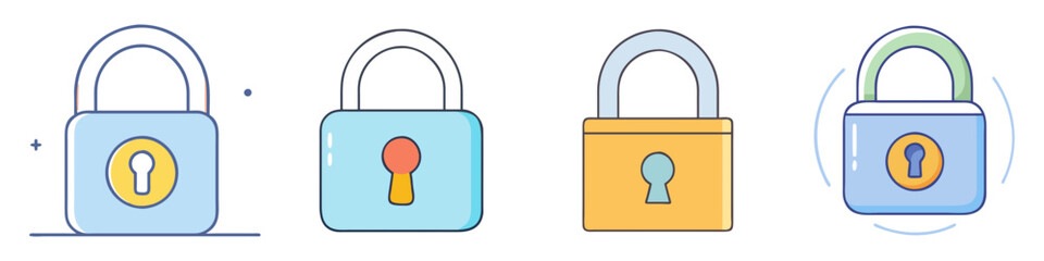 Four cartoon padlocks with different lock colors and styles, representing security © Waliul