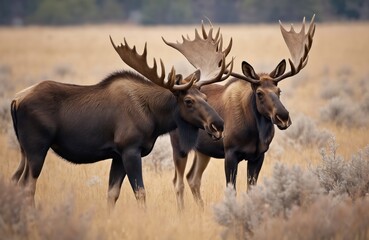 Naklejka premium Two moose stand in Grand Teton National Park. The large animals display impressive antlers. The scene captures wildlife in natural habitat. Scenic view of a sunny day shows their fur color.