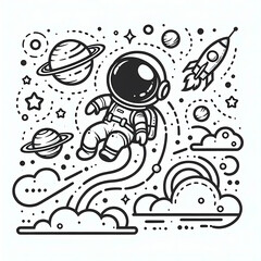 Cute Astronaut in Space with Planets and Rocket Illustration