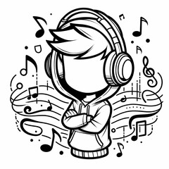 Cool Cartoon Character with Headphones and Music Notes