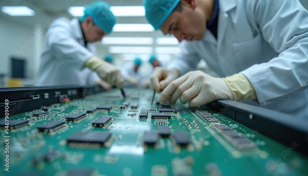 Aufkleber Technicians assemble PCB boards using precision tools in cleanroom environment. Workers install electronic components, integrate circuits. Tech engineers working on microchips. Modern tech