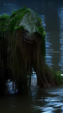 Vertical screen, mysterious kappa creature slowly emerges from dark water, covered in moss and algae, reaching out with webbed hand in a mystical and eerie atmosphere inspired by japanese folklore