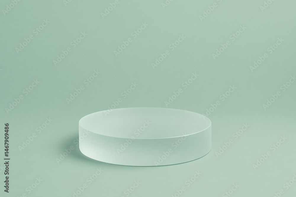 Poster a minimalist round platform on a soft green background, perfect for showcasing products or art in a 