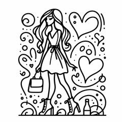 Stylish Woman in Dress with Heart and Swirl Design
