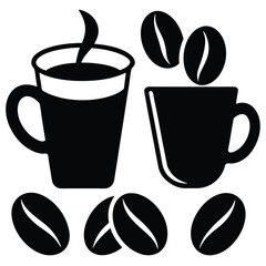 Two Cups of Coffee with Coffee Beans A Simple Black and White Illustration