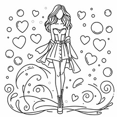 Fashion Illustration of a Stylish Woman Surrounded by Hearts