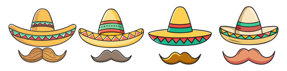 Cartoon Illustration of Four Sombrero Hats with Matching Mustaches, Cinco de Mayo