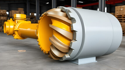 PDC drilling bit with mud motor lay down on the floor warehouse, created by 3D modeling and rendering. Its used for drilling oil well industry and technology