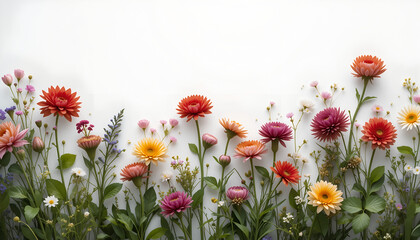 Blooming Garden Colorful Flowers on a White Background