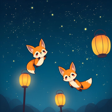 Cartoon foxlike creatures float near lanterns in a starry night