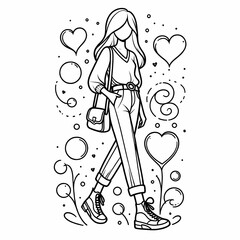 Stylish Woman Walking Among Hearts and Swirls