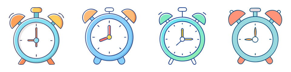 Four cute alarm clocks in different colors on a plain white background