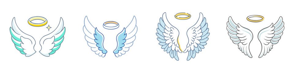 Four cartoon illustrations of angel wings with halos in different styles