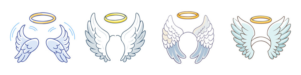 Collection of angelic wings with halos, showcasing diverse cartoon illustration styles