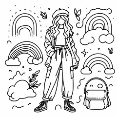 Trendy Girl with Rainbows and Clouds in Line Art Style