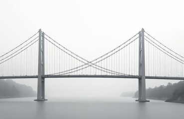 Obraz premium Minimalist suspension bridge with sleek cables stretches between two tall towers over calm water. Modern design against plain white background, architectural feat of engineering, symbol of