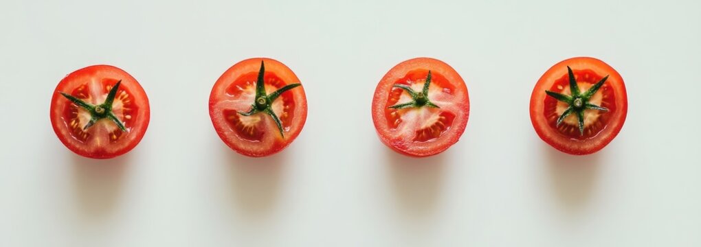Four tomato halves arranged in a row on a white surface