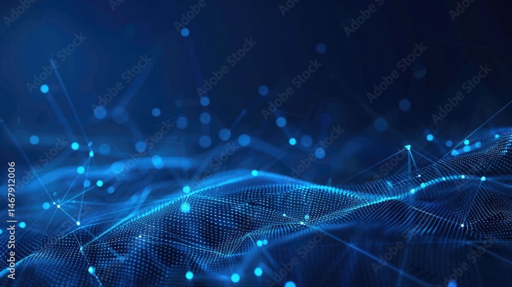 Poster abstract blue digital network background with lines and nodes. background image of glowing digital w