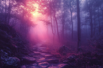 Obraz premium Foggy forest path winding through woods.