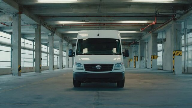 White Delivery Van in Empty Warehouse Front View