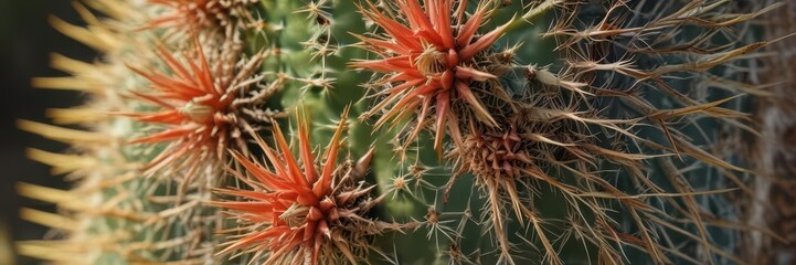 Close-up of a cactus with numerous sharp spines, prickly pear, arid, flora