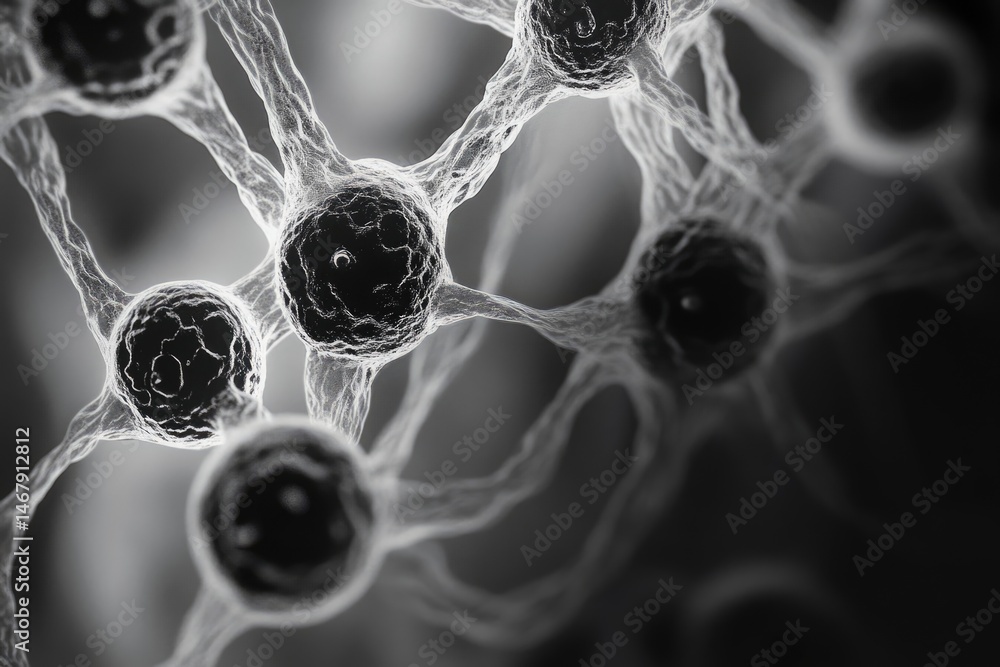 Poster monochrome microscopy shows interconnected cells with a network, representing biological structures 