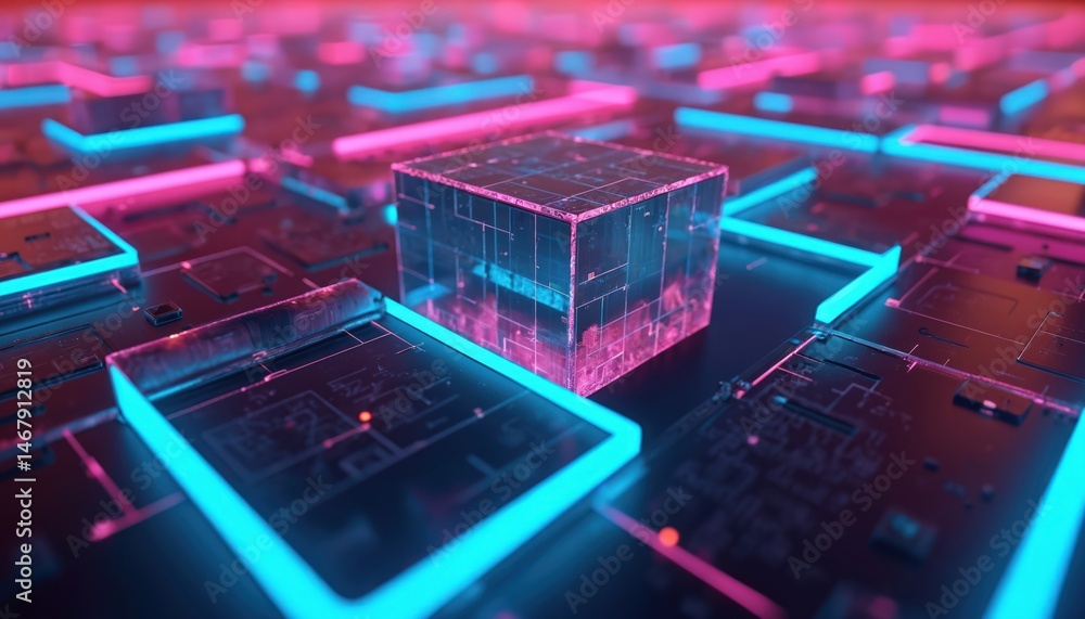 Aufkleber Futuristic tech illustration of neon-lit labyrinth constructed of data pathways. Complexity of navigating data landscapes. Data mining visualization in cybernetic matrix.