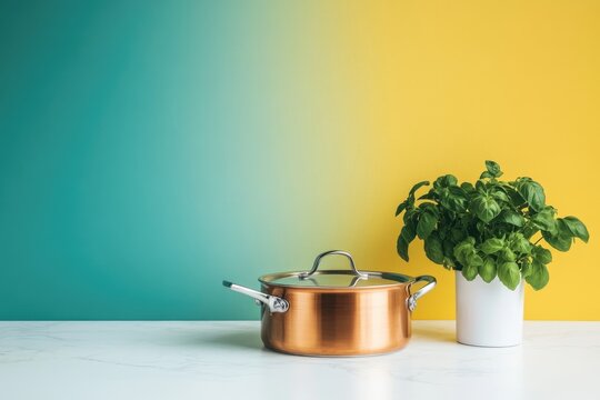 Copper pot with lid and basil plant on a white marble countertop, vibrant teal and yellow backdrop creating a fresh kitchen aesthetic.