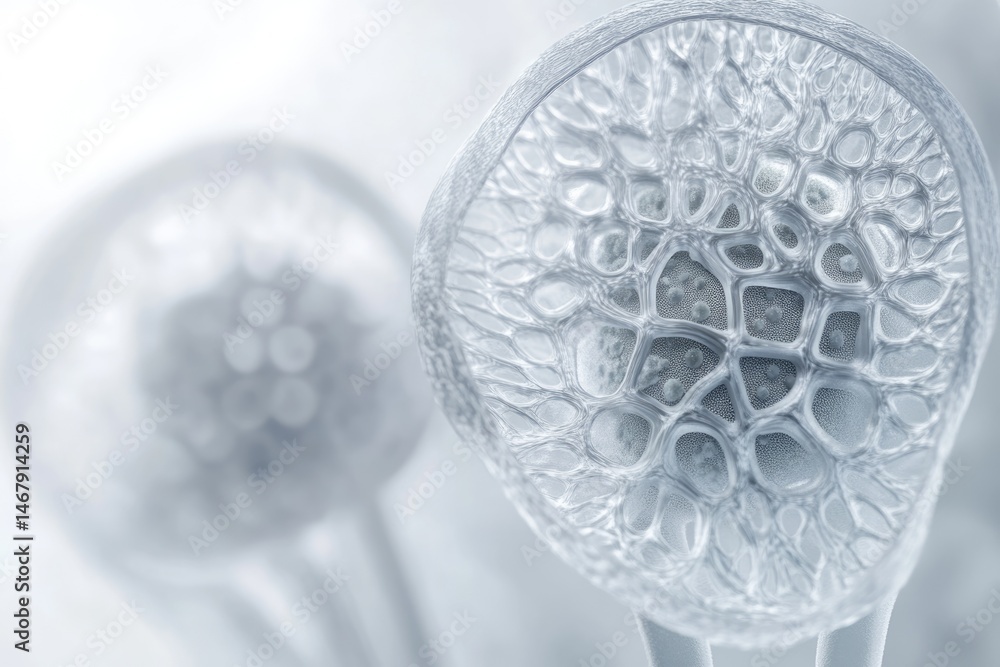 Aufkleber close-up of a cellular structure with intricate details, showing interconnected compartments and gra